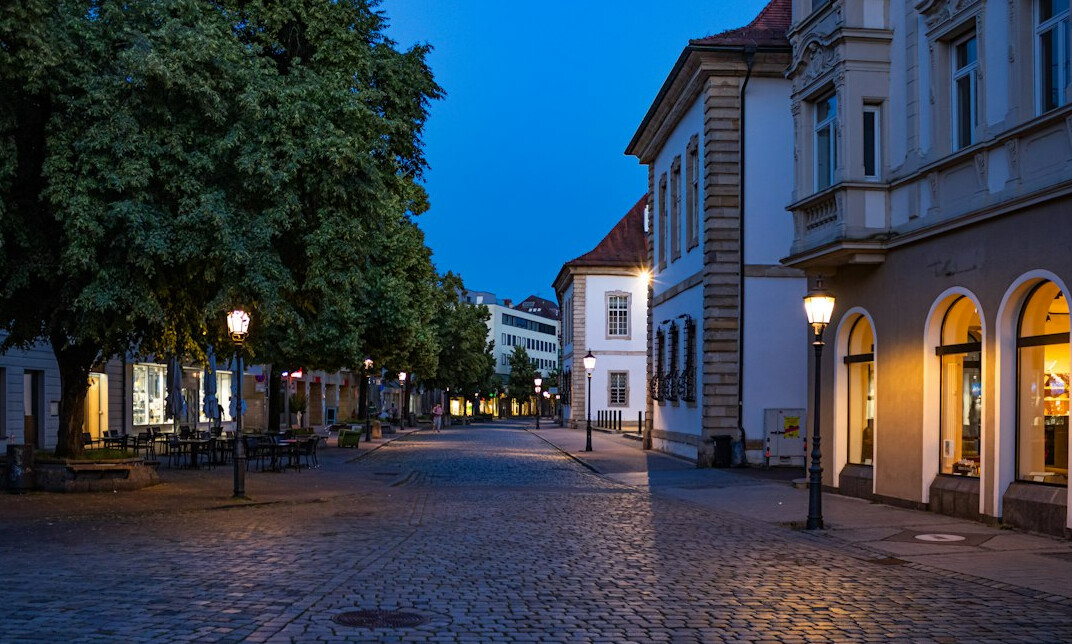 Old European city street at dusk